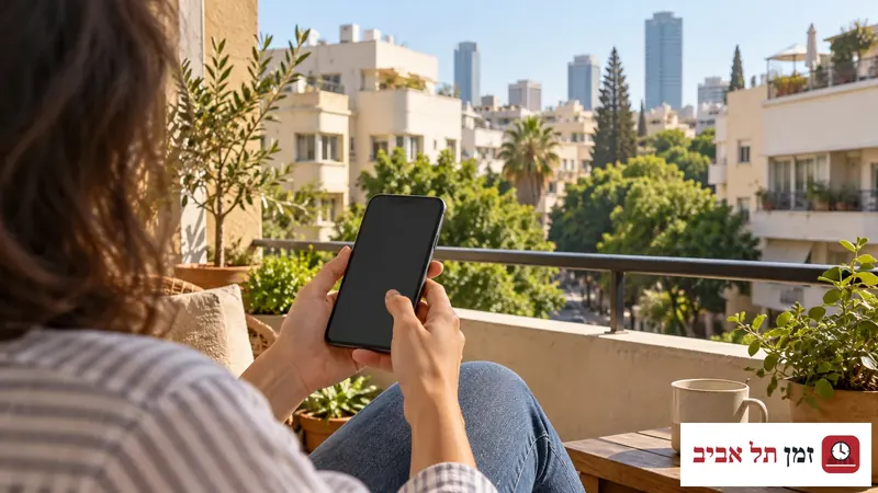 דמות בוגרת נראית מאחור עם טלפון במרפסת מול נוף עירוני בהשראת תל אביב