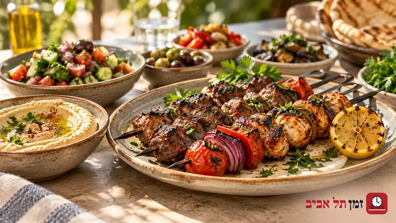 Grilled skewers and shared dishes on a Mediterranean restaurant table, an illustrative scene