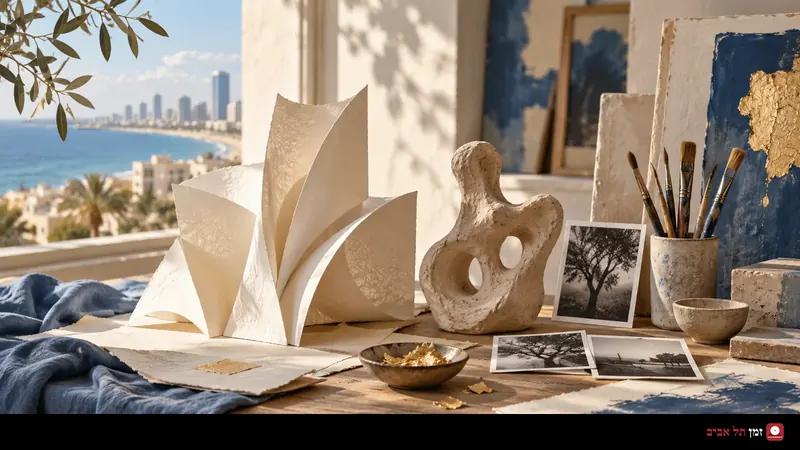 Illustration of folded paper, sculpture and photographs on a sunlit studio table