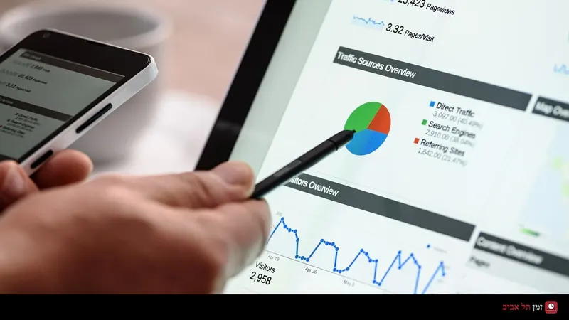 A hand points a stylus at a traffic sources pie chart on a tablet screen, next to a phone showing site statistics