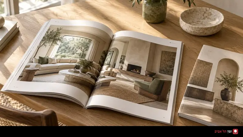 An open design catalog on a wooden desk with styled home items