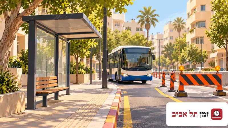 Editorial illustration of a bus, shelter and roadworks barrier on an urban street