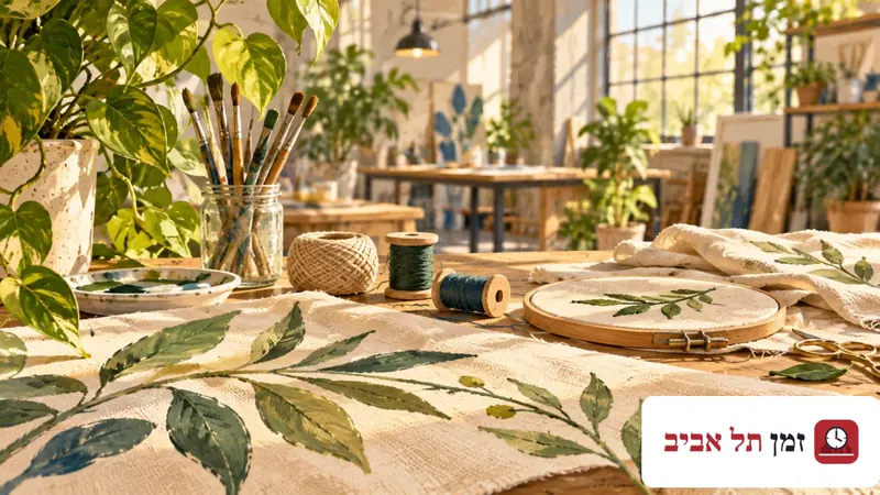 Editorial illustration of painted botanical fabric, an embroidery hoop, thread and brushes on a craft table
