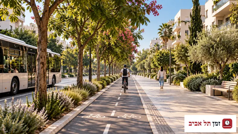Illustration of a cycle path and shaded walkway beside a bus on a fictional Tel Aviv-inspired street