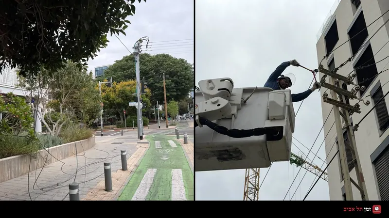 Left: removed power cables lying on the sidewalk beside the Pinkas Street bike lane. Right: an IEC worker in a bucket lift cutting an overhead line near a utility pole