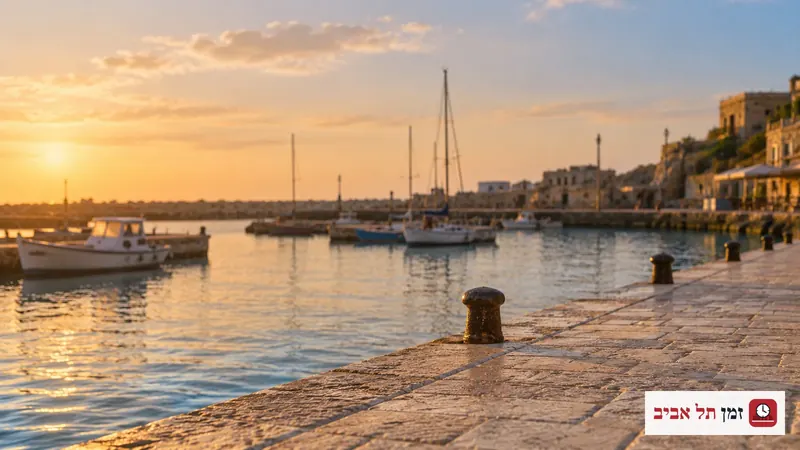 Empty stone promenade beside an imagined Mediterranean harbour, with boats in the sunset background