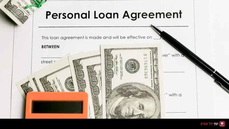 Personal Loan Agreement document with US dollar banknotes, a pen and an orange calculator.