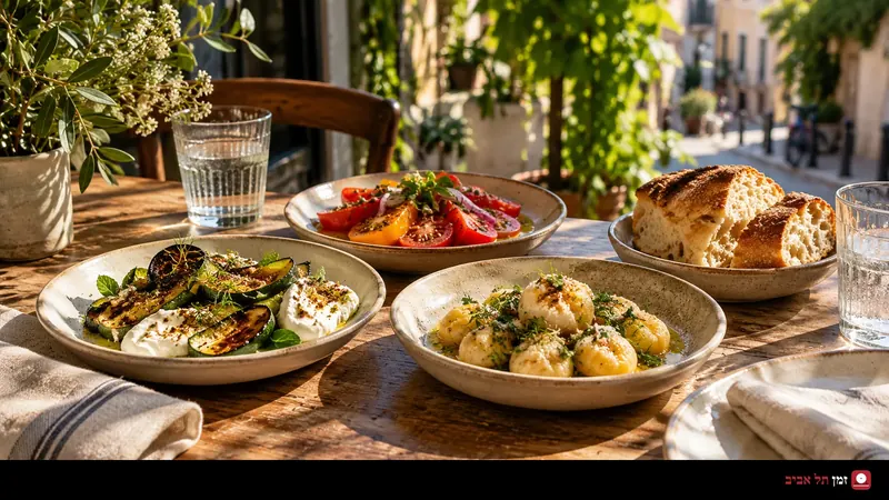 Small sharing plates, bread and vegetables on a sunlit bistro table in a Tel Aviv-inspired illustration
