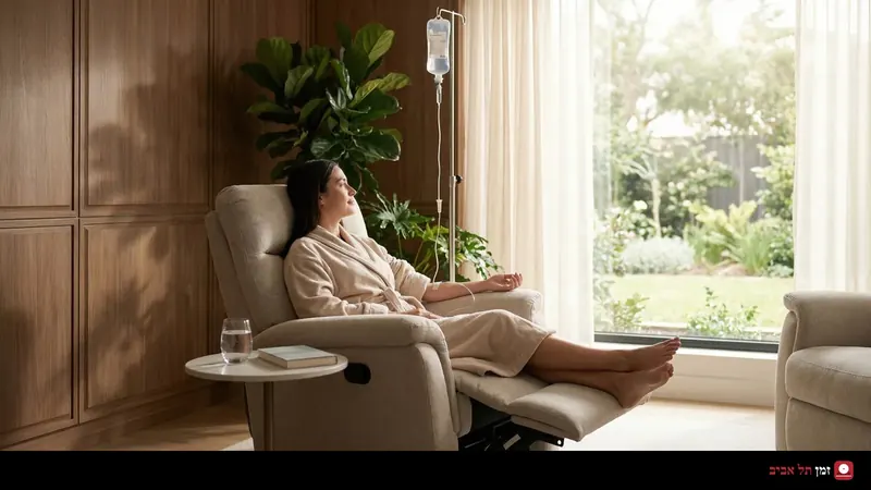 A relaxed woman in a comfortable recliner with an IV drip, looking out at a green garden