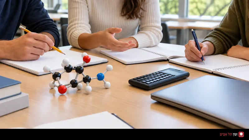 Illustration of students' hands around a study table with notebooks, a calculator and a molecular model