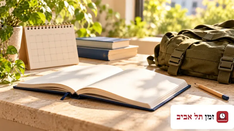 Editorial illustration of an open study notebook, blank calendar and olive-green bag on a sunlit desk