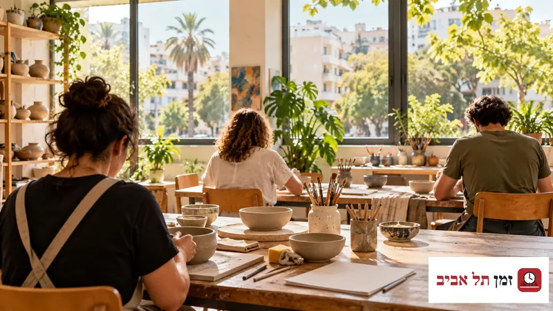Three adults seen from behind in a sunlit craft studio inspired by a Tel Aviv community center