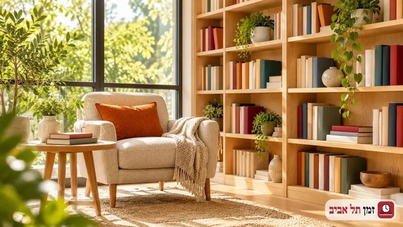 Fictional reading corner with an armchair and books with blank spines
