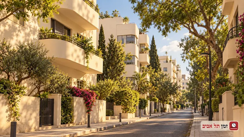 Fictional modernist residential street with rounded balconies and trees