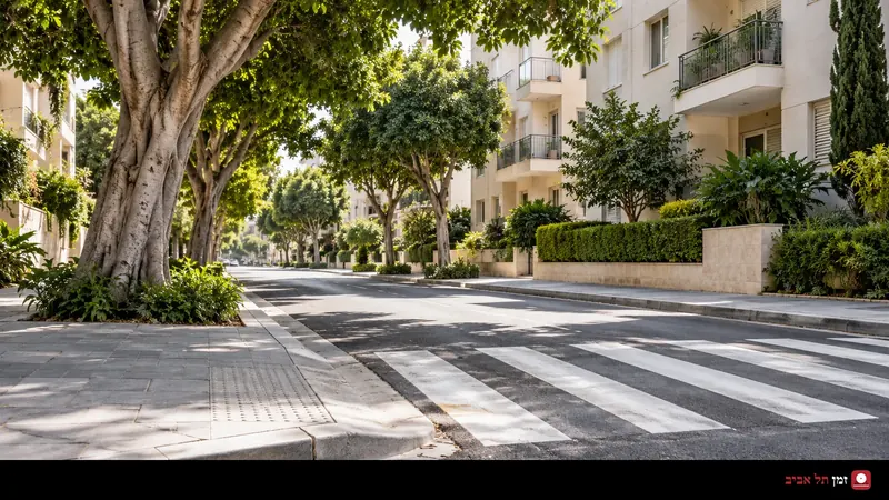 AI illustration of a zebra crossing and shaded sidewalk on a Tel Aviv-style residential street