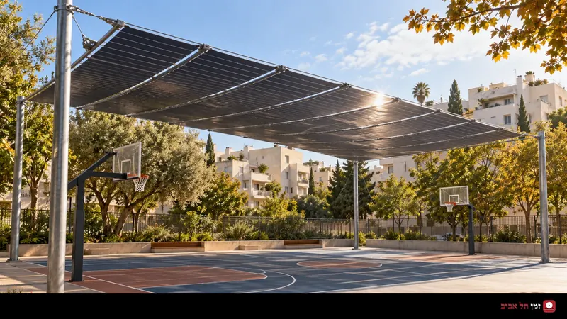 איור של סככת צל סולארית מעל מגרש כדורסל בתל אביב