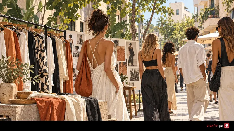 איור של מתלה בגדים ועוברי אורח ברחוב קניות תל אביבי