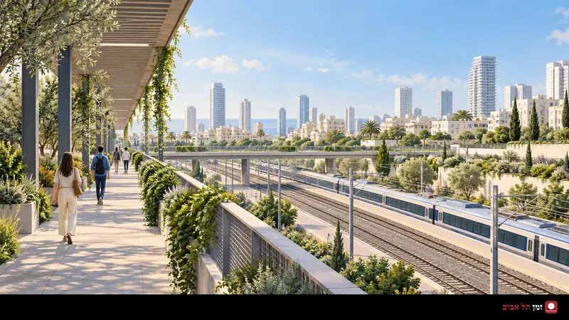 איור של מעבר מוצל לצד מסילות רכבת בסביבה עירונית
